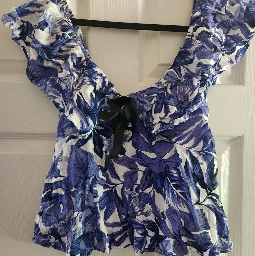 Blue and white floral blouse